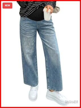 Maternity Wide Leg Jeans Adjustable Waist Over-Belly Support Pregnancy Pants